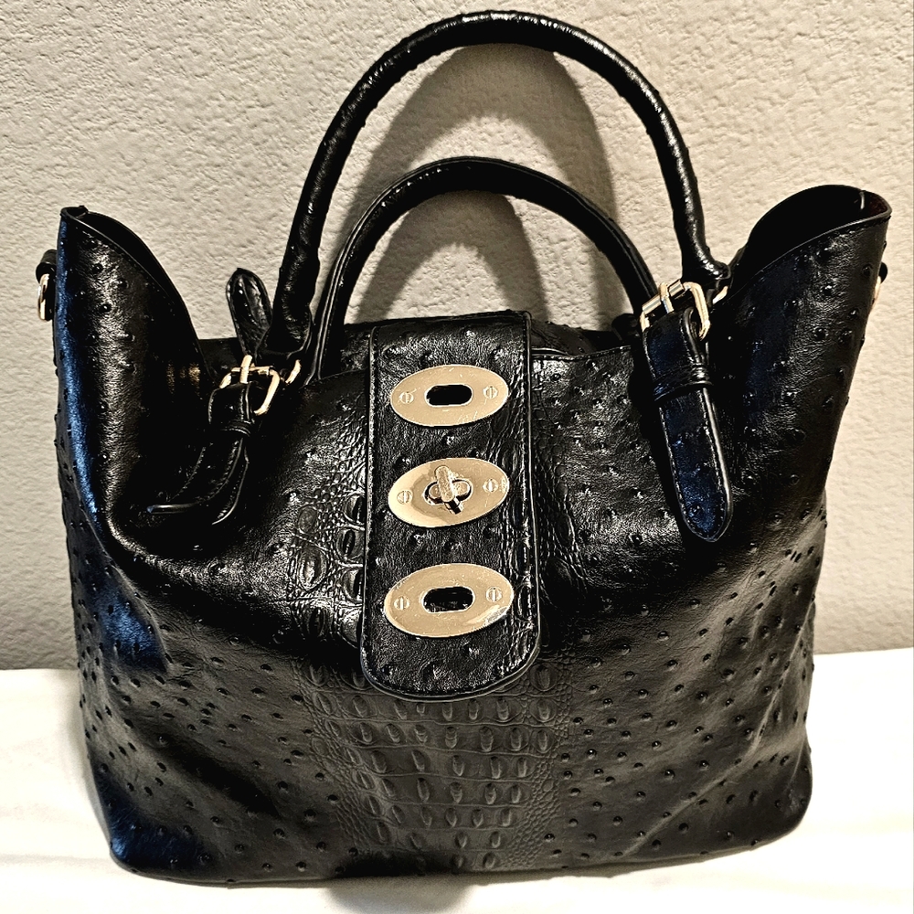 Black Embossed Handbag With Gold Hardware Adjustable Clasps Soft Purse